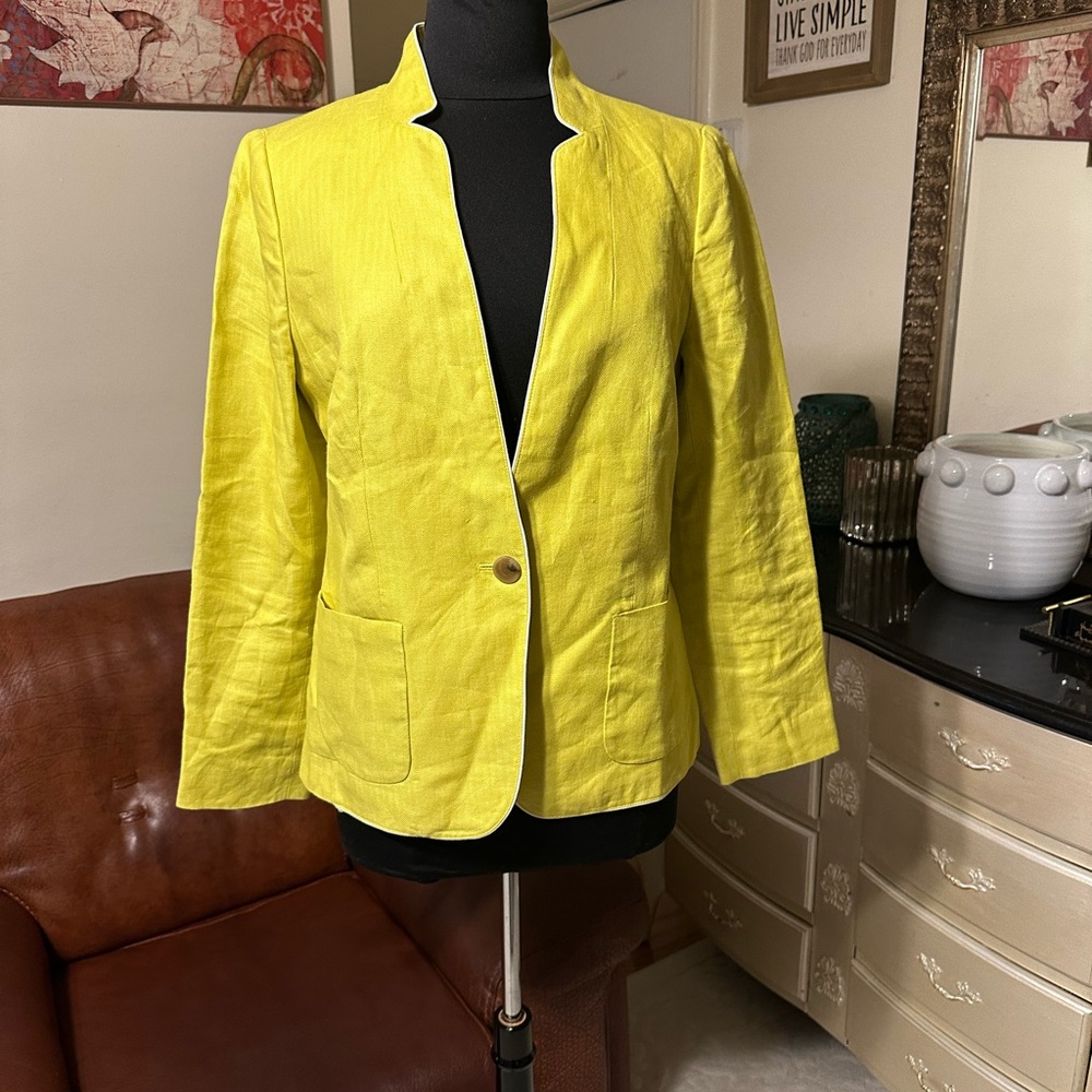 TALBOTS ABERDEEN WOMEN’S GREEN 💯 LINEN BLAZER SIZE 8 IN EXCELLENT CONDITION